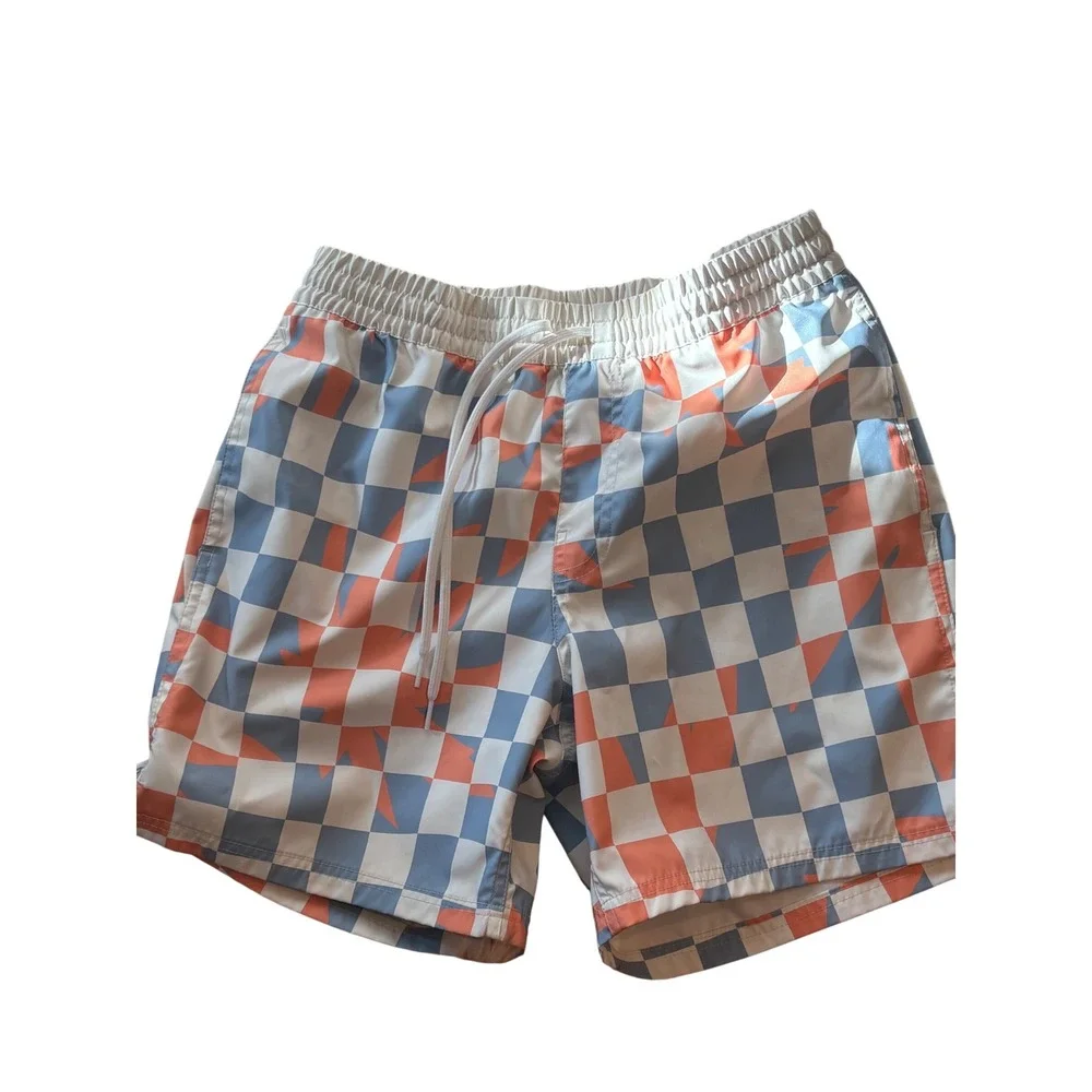 Vans Mens Checkerboard Swim Trunks Orange Blue Geometric Board Shorts Size Small